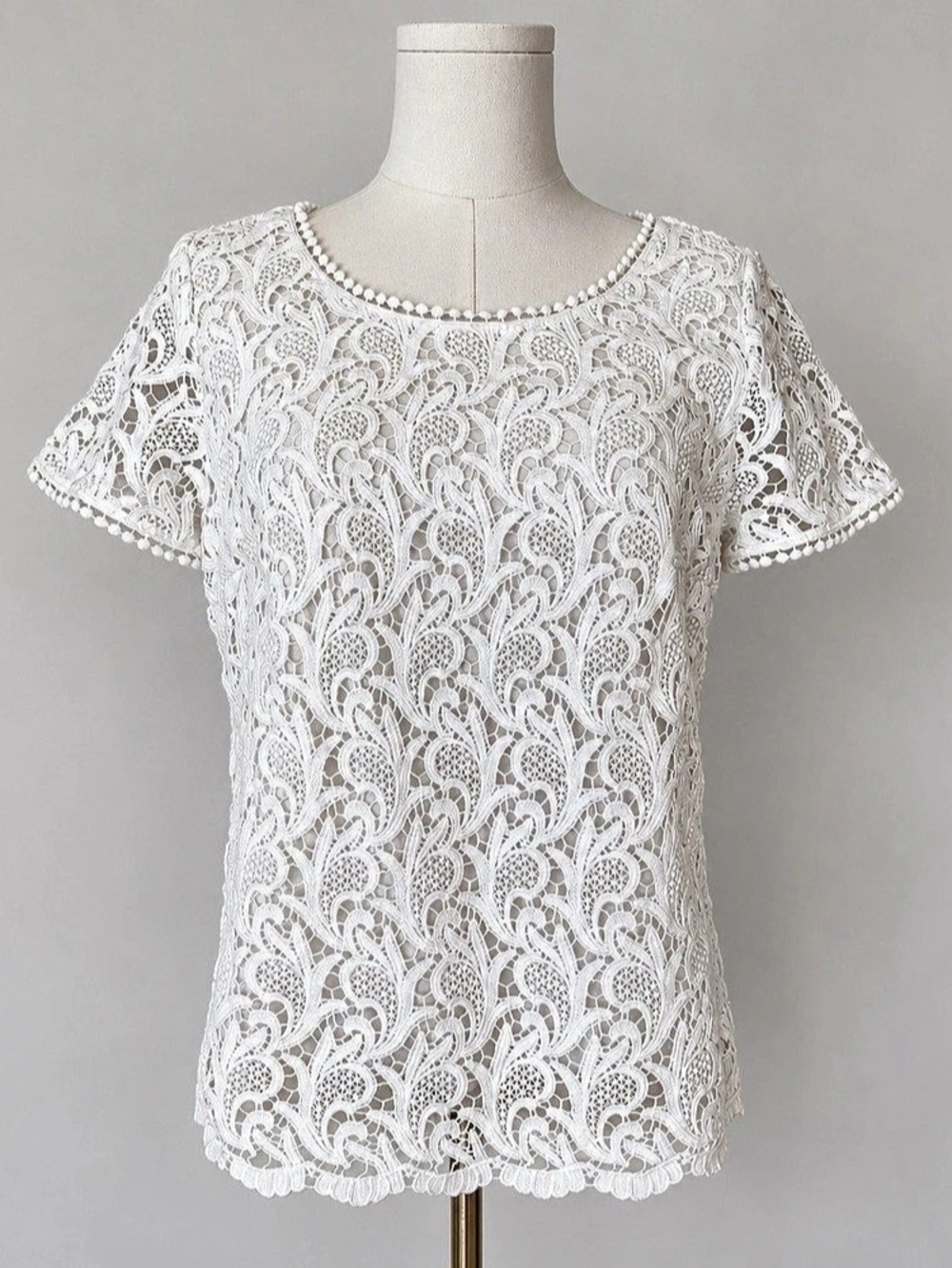 Talbots Women’s Size 10P White Cotton Lace Top Pom Trim Side Zips Feminine